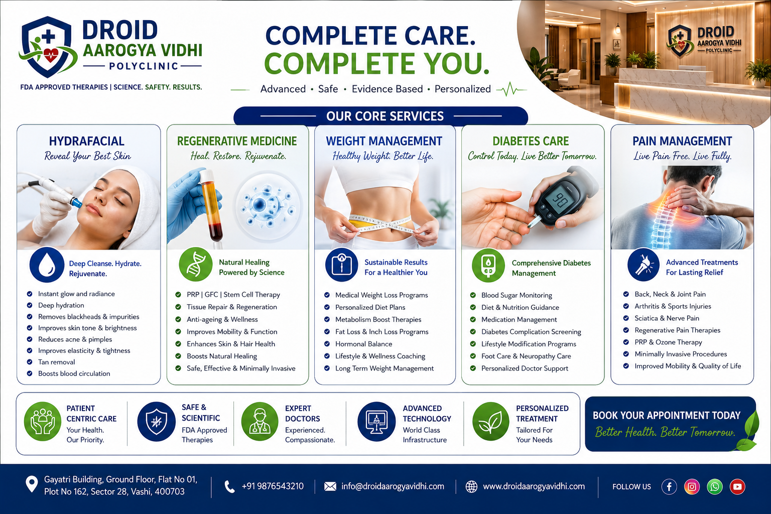 Complete care brochure for Droid Aarogya Vidhi Polyclinic