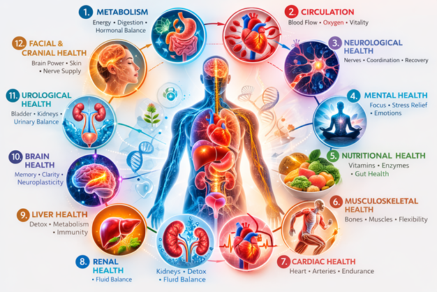Whole-health overview showing twelve connected areas of health